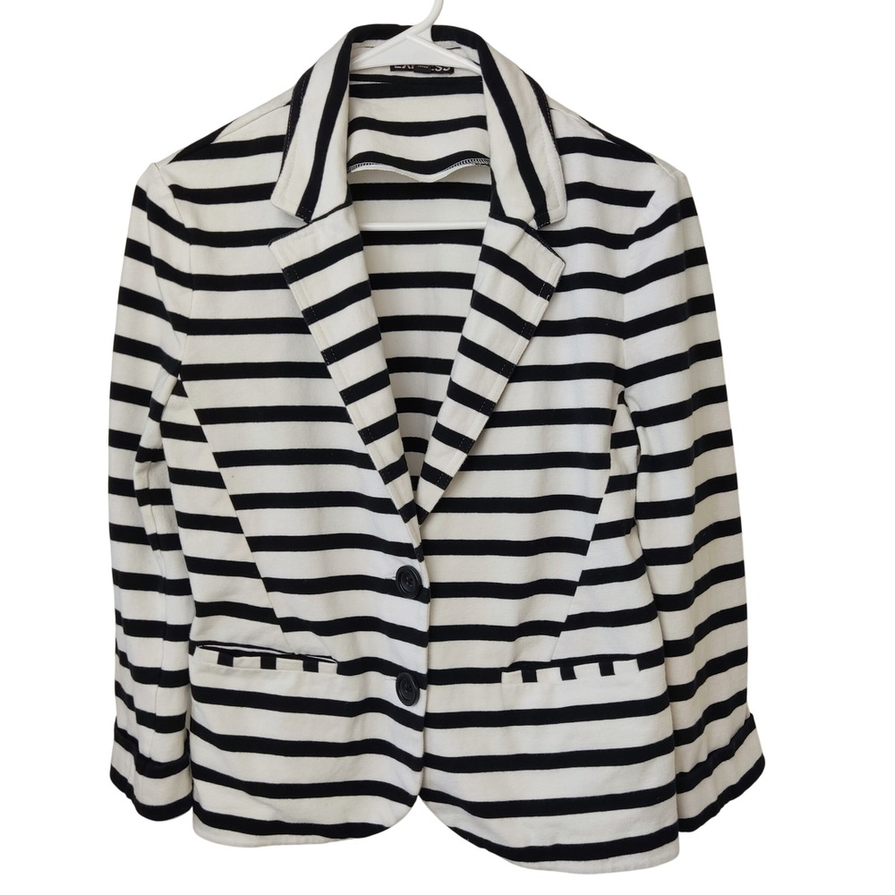 Express Blazer Womens Medium Black White Striped Knit Jersey Two Button Jacket